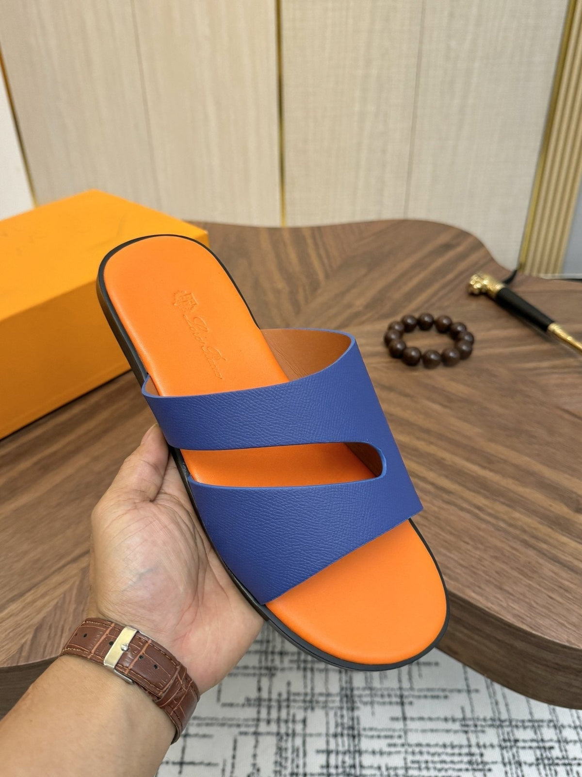 Loro Piana Blue and Orange Slide Sandals