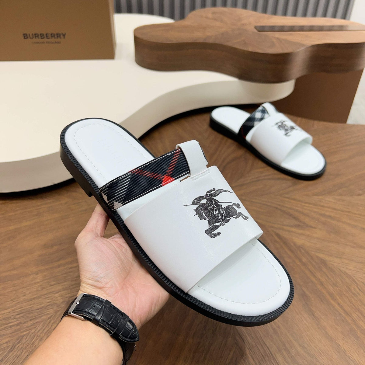 Burberry Plaid-Trim Slide Sandals